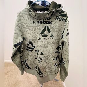 Reebok Hoodie Mens Size S Green Sweatshirt Logo All Over Wrap Around Graphic